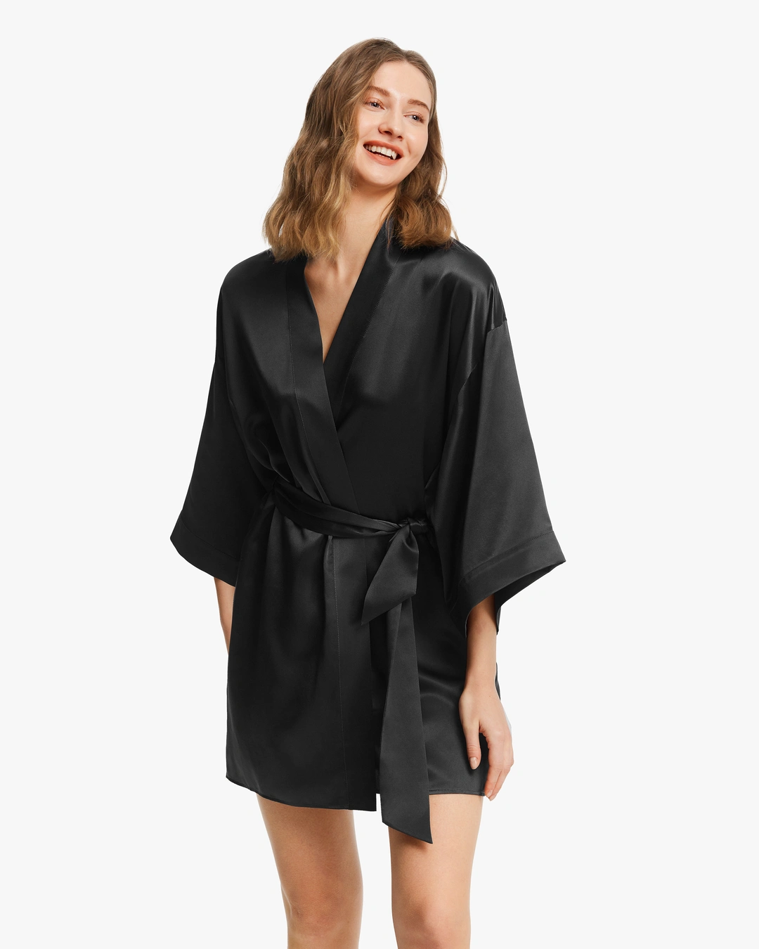 LILYSILK Kimono Soie Femme Nuit Noir Épaule Légèrement Tombée 100% Soie Naturellement Antibactérien L