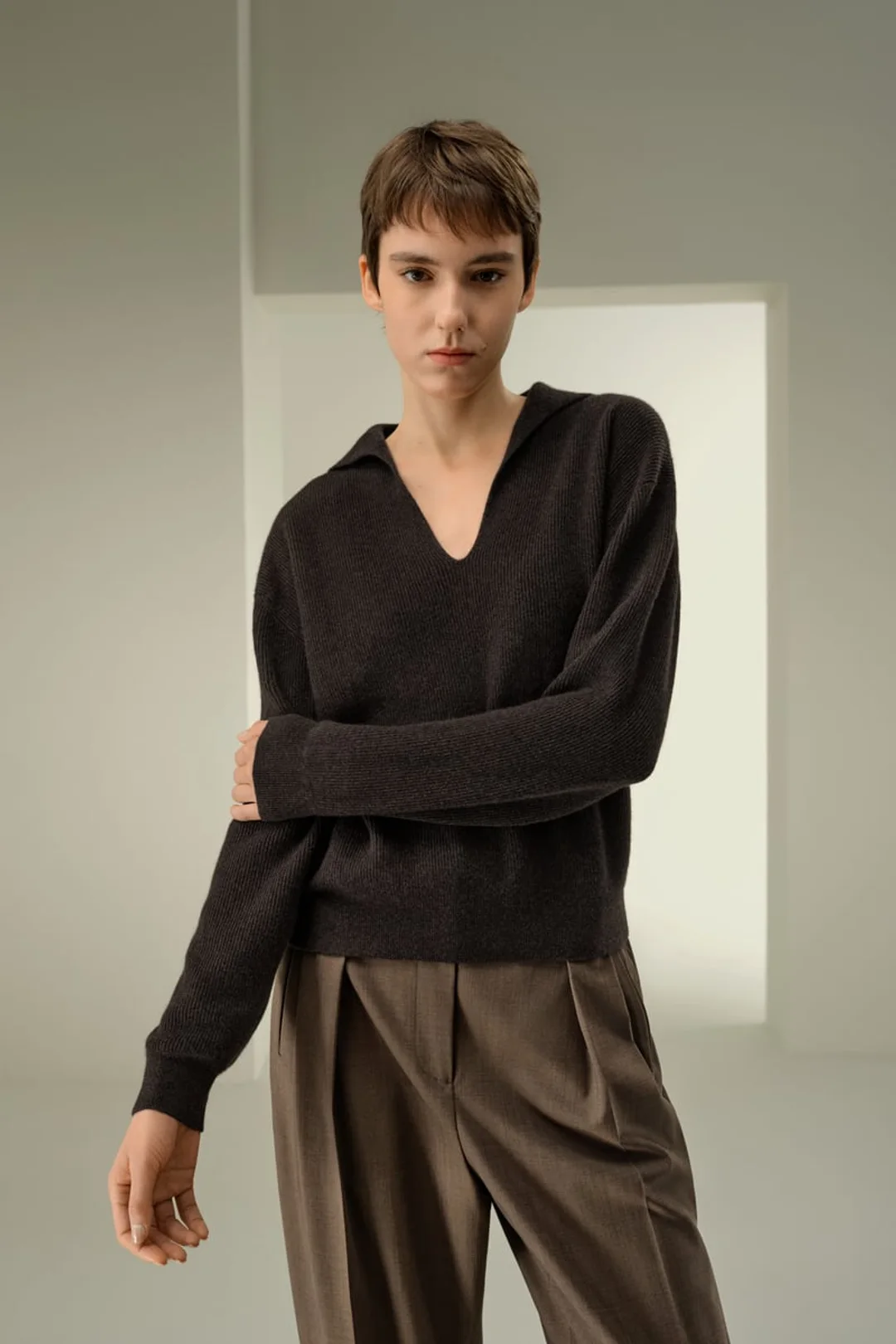 LILYSILK Polo Côtelé Cachemire Femme Tonnerre M - Doux, Léger, Respirant, Col V