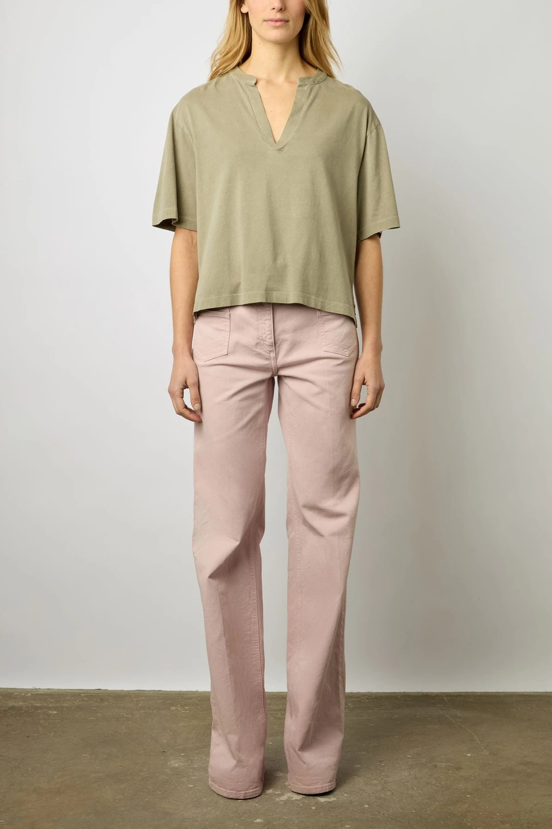 T-shirt col V en coton - MAURINE - Vert Kaki