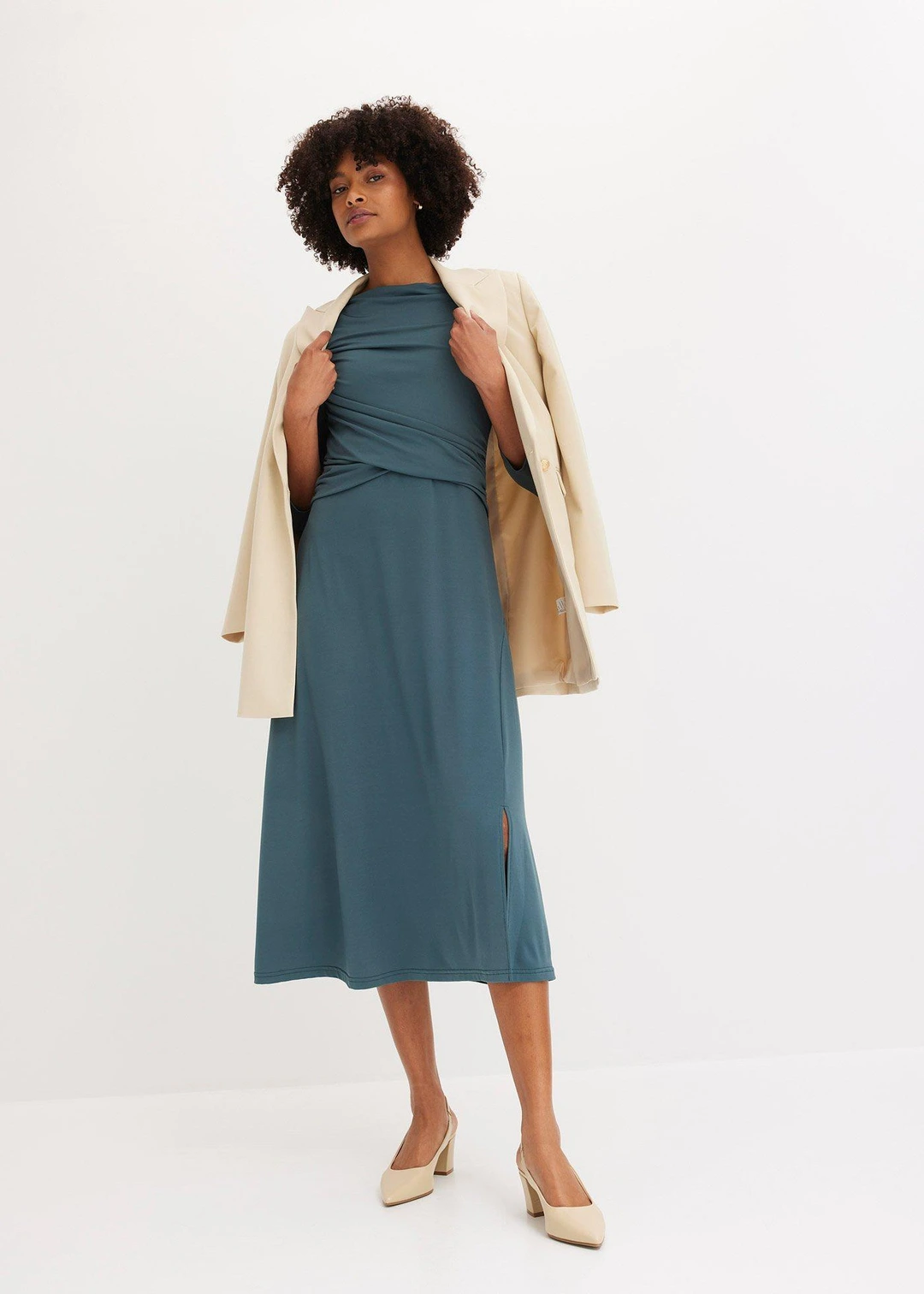 Robe midi drapée à manches 3/4 - 2