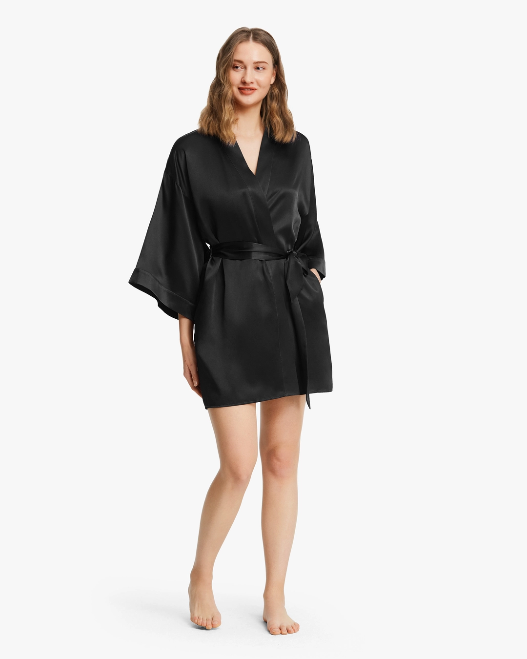 LILYSILK Kimono Soie Femme Nuit Noir Épaule Légèrement Tombée 100% Soie Naturellement Antibactérien L