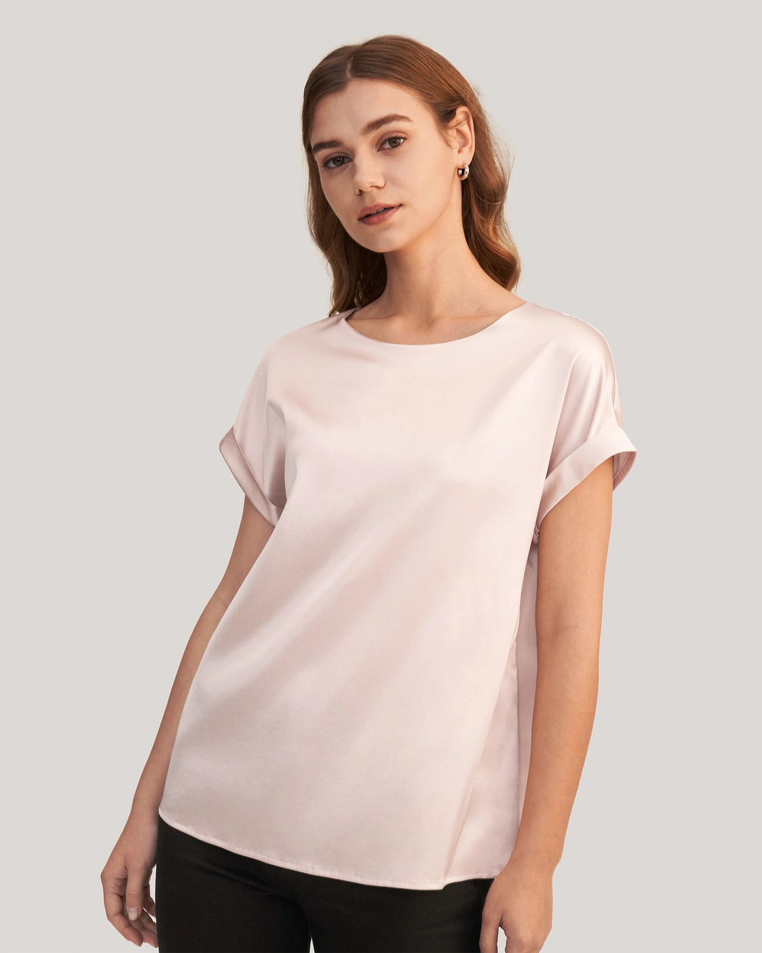 LILYSILK T Shirt Soie Coupe Régulière Poignets Roulés Mancherons Bleu Marine S