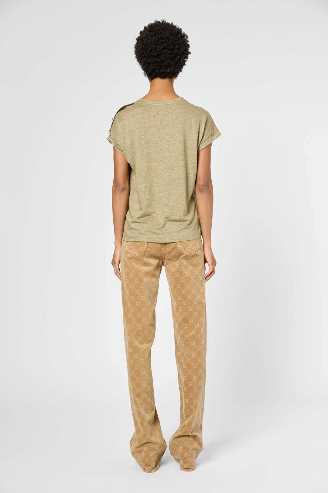 T-shirt à boutons dorés en lin - GIGI - Vert Kaki