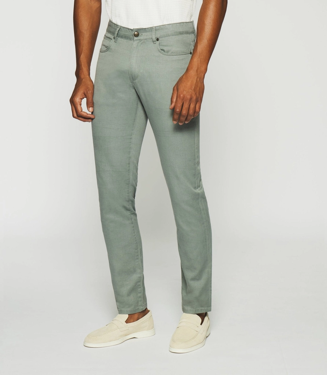 IZAC - Pantalon slim kaki 5 poches en coton lin PASTEL