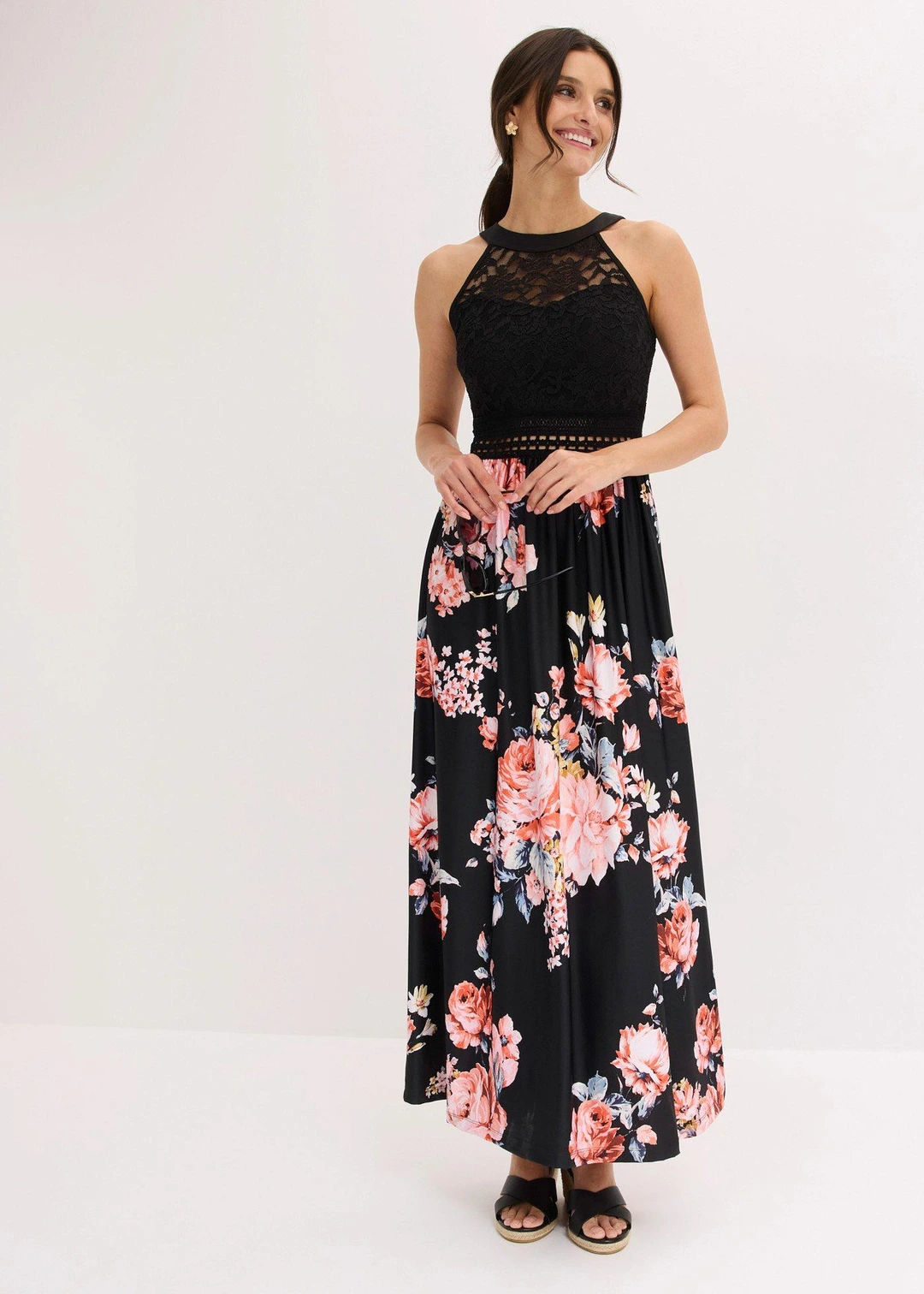 Robe longue à imprimé floral et dentelle - 2