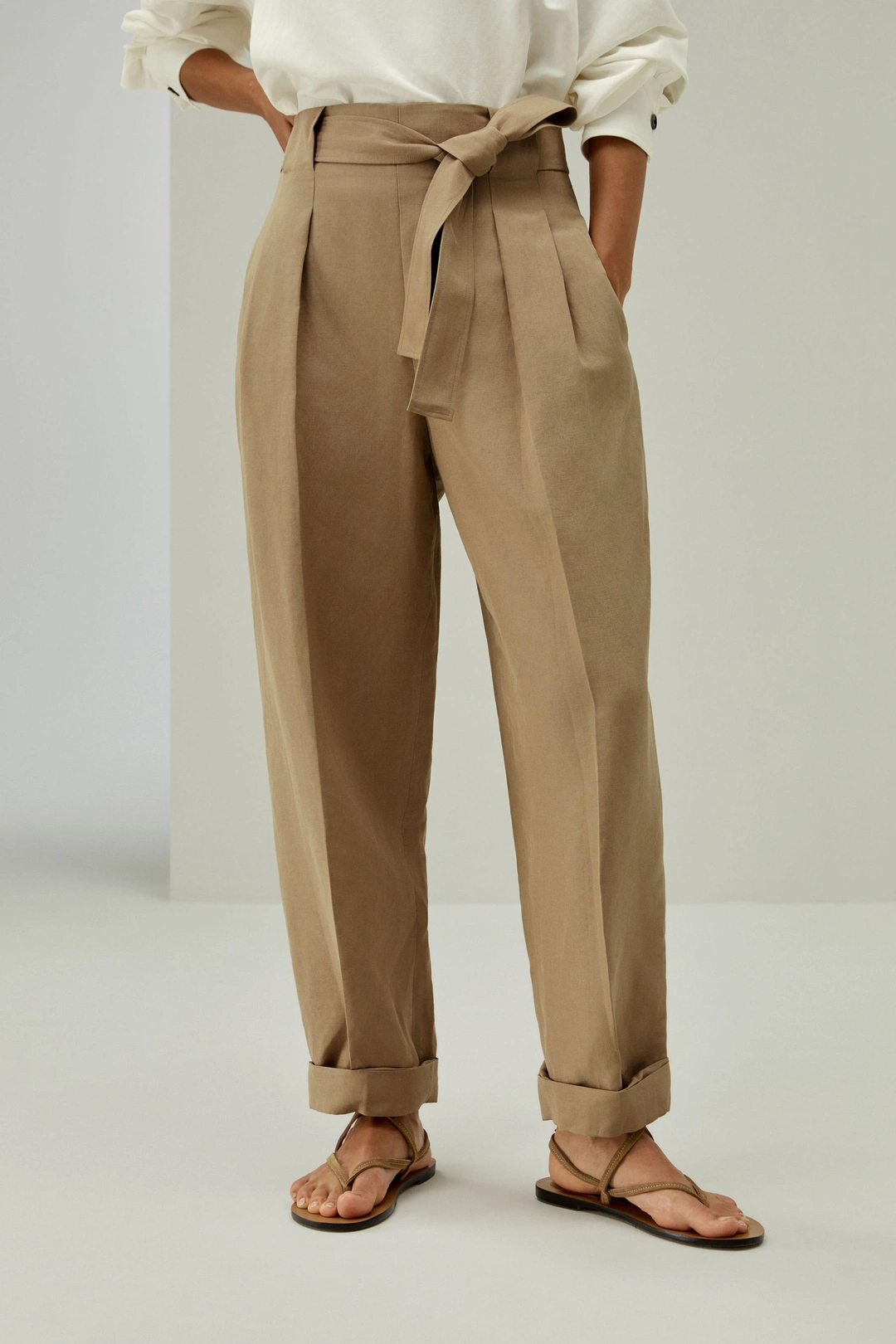 LILYSILK Pantalon Fuselé En Mélange Soie-Lin Pantalon Fuselé À Revers Roulés Mélange Soie-Lin Texture Luxueuse Style Moderne Chêne 40