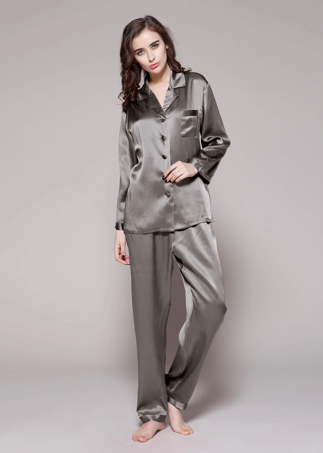LILYSILK Pyjama Soie Noir Femme Noir Revers Crantés, Boutons Enveloppés De Soie 100% Soie Pure Maintient L'Hydratation Pour Mieux Dormir S