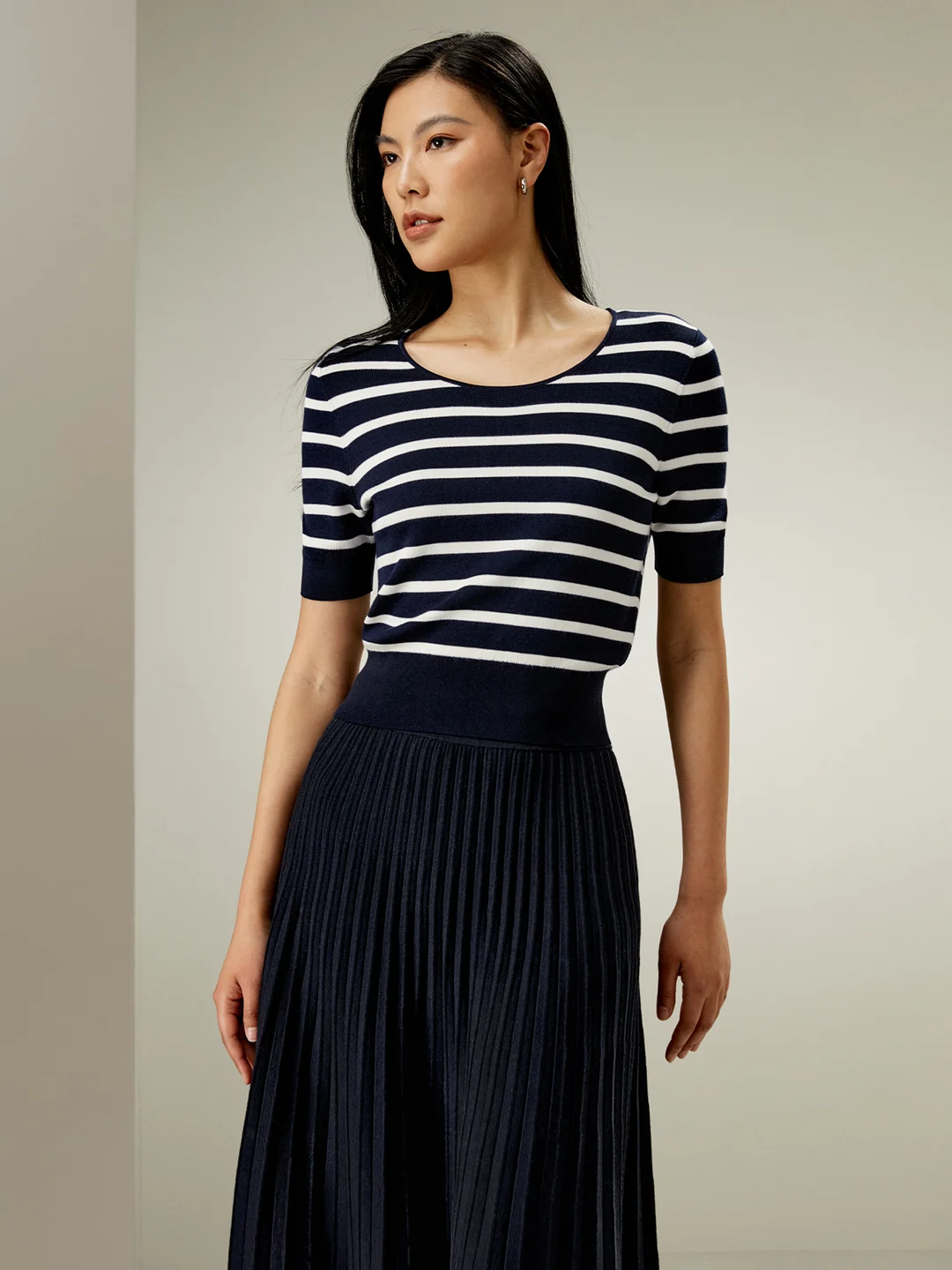 LILYSILK T Shirt En Soie Bleu Marine À Rayures Blanches Col Rond, Coupe Slim 100% Soie Pure Sans Produits Chimiques Nocifs M