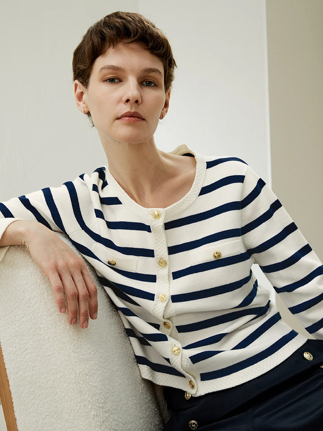 LILYSILK Cardigan Femme Bleu Marine À Rayures Blanches Chemise De Couche De Base 100% Cachemire Un Toucher Incroyablement Doux Et Confortable XL