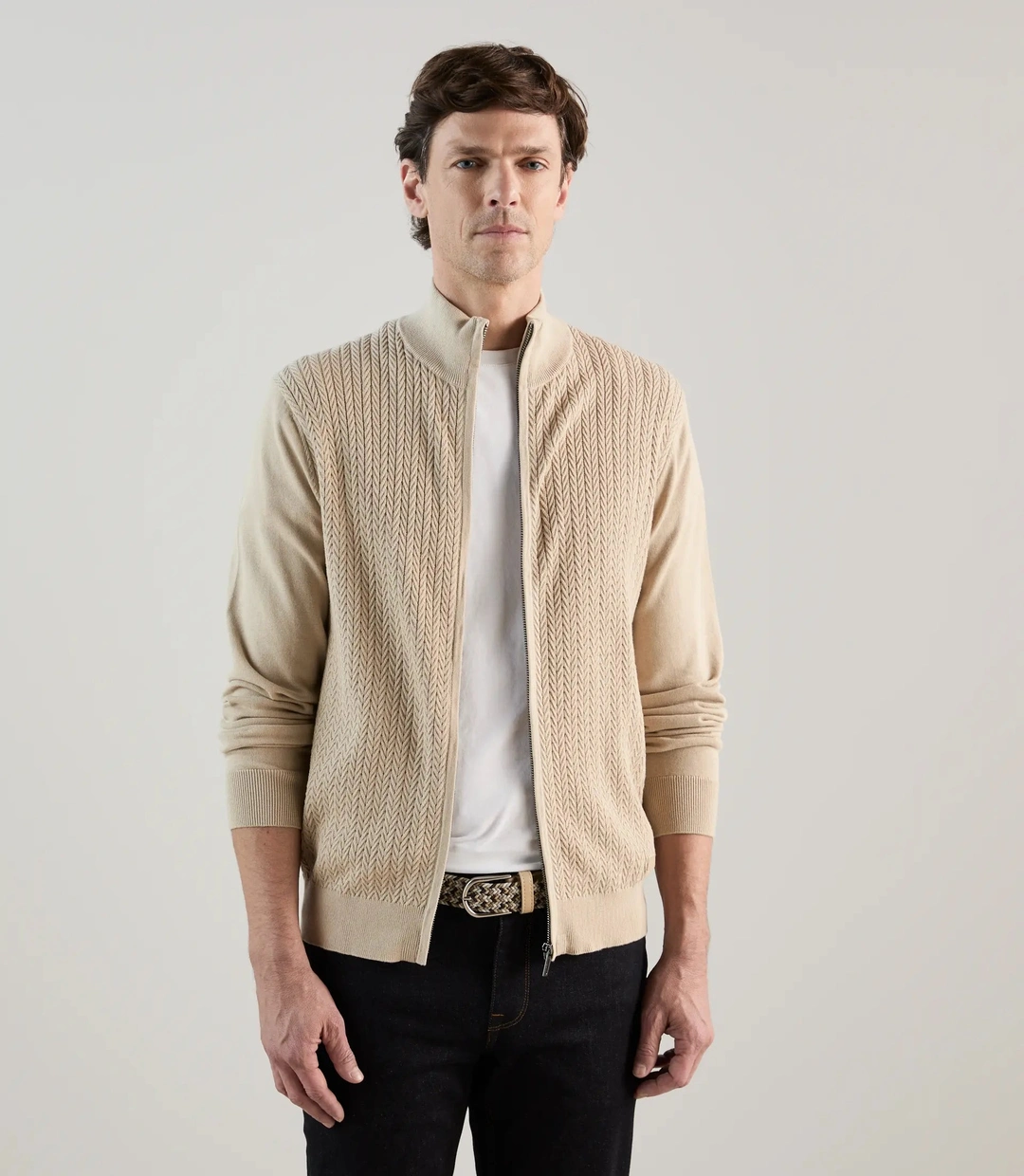 IZAC - Gilet zippé en maille torsadée beige