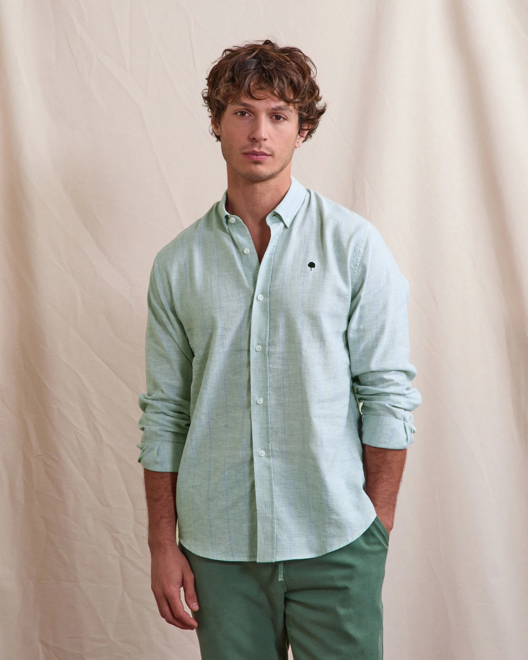 Chemise en lin rayée vert et écru - IVOY