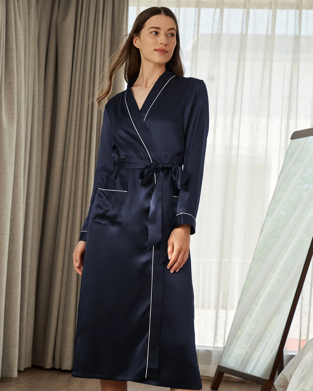 LILYSILK Robe De Chambre Soie Femme Bleu Marine Col Souple, Passepoil Chic 100% Soie Convivial Pour Les Personnes Allergiques XS