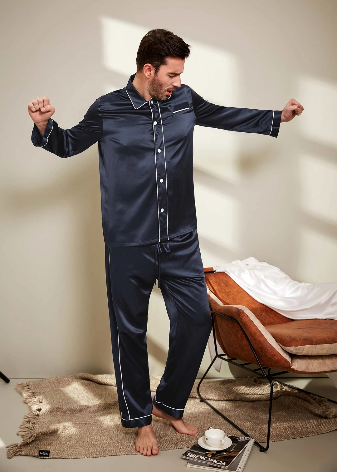 LILYSILK Pyjama En Soie Homme Noir Col À Revers, Boutons En Nacre 100% Soie Naturellement Antibactérien Pyjama XL