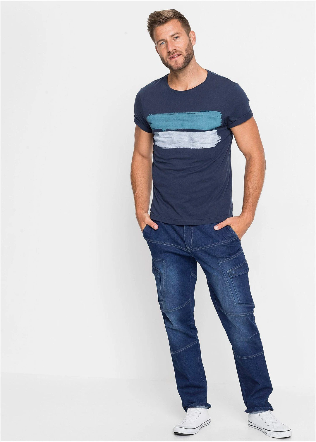 Jean droit extensible, poches cargo, regular