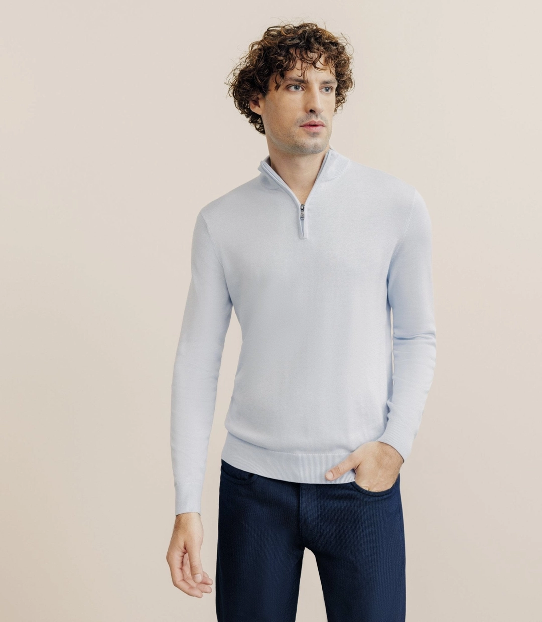 IZAC - Pull col montant demi zippé bleu ciel