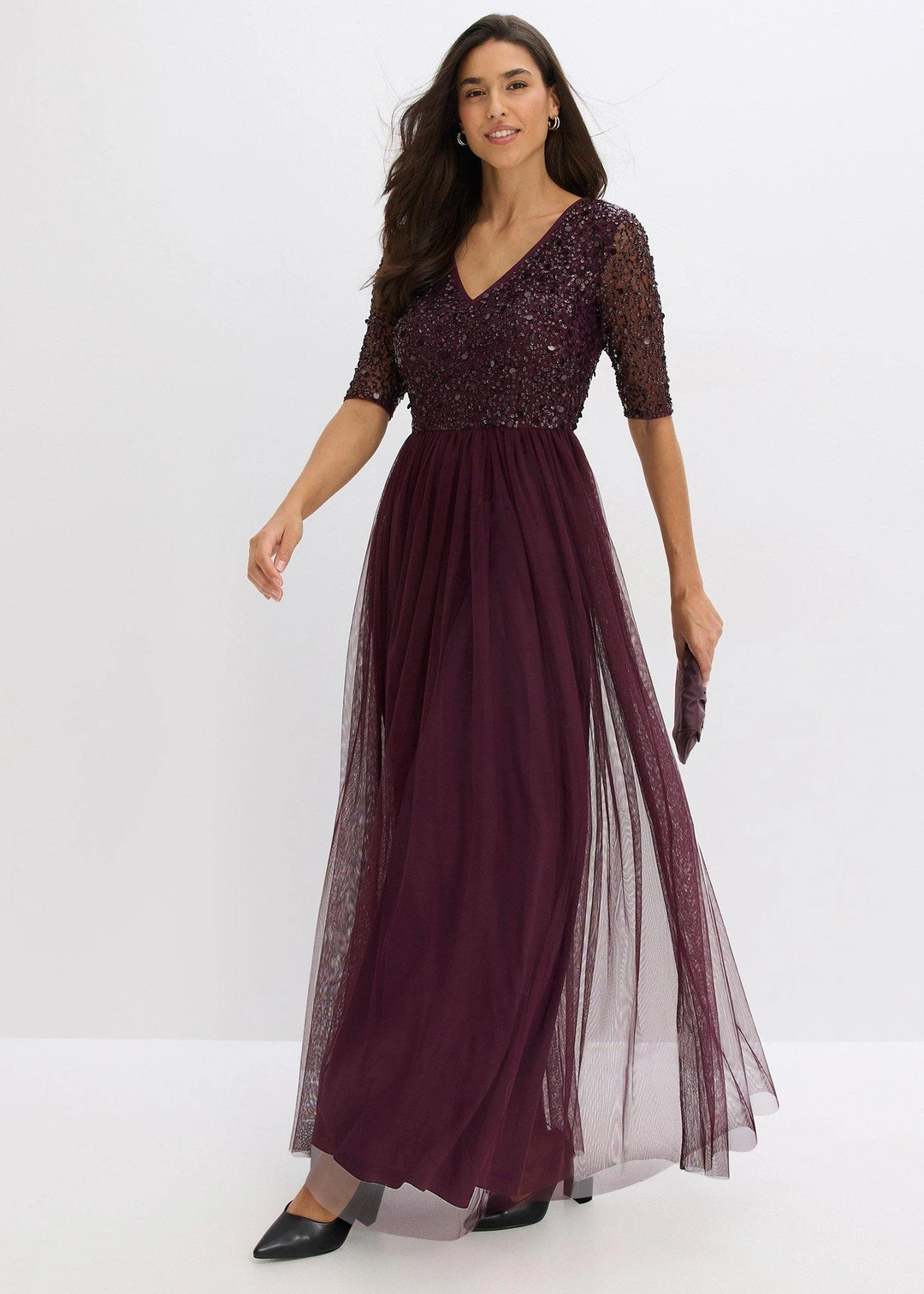 Robe de soirée en tulle avec haut brodé de sequins - 2