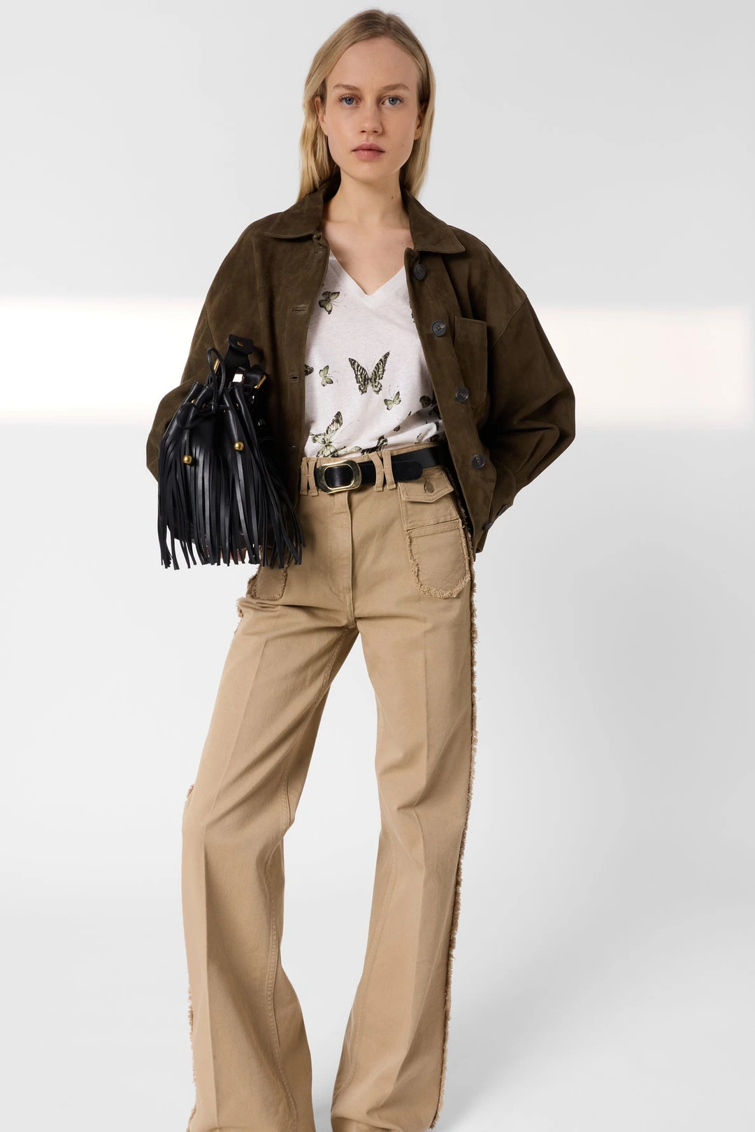 T-shirt papillons en lin et coton - MAKEDA - Vert Kaki