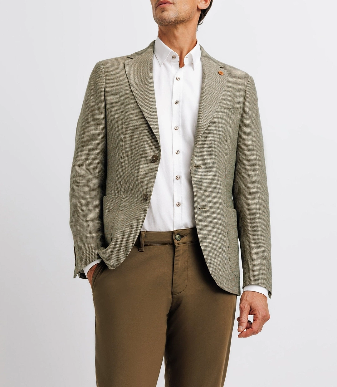IZAC - Veste kaki et beige en lin à coudières