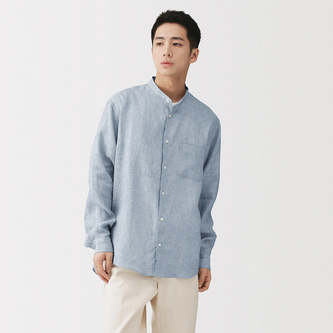 Chemise à col mao en lin lavé pour homme