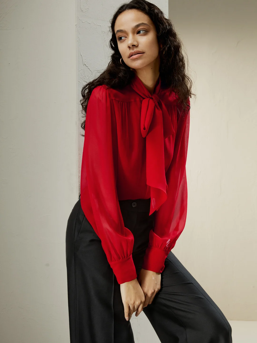 LILYSILK Chemisiers En Soie Rouge Conception De Noeud Papillon 100% Soie Pure Léger Et Résistant Aux Rides S