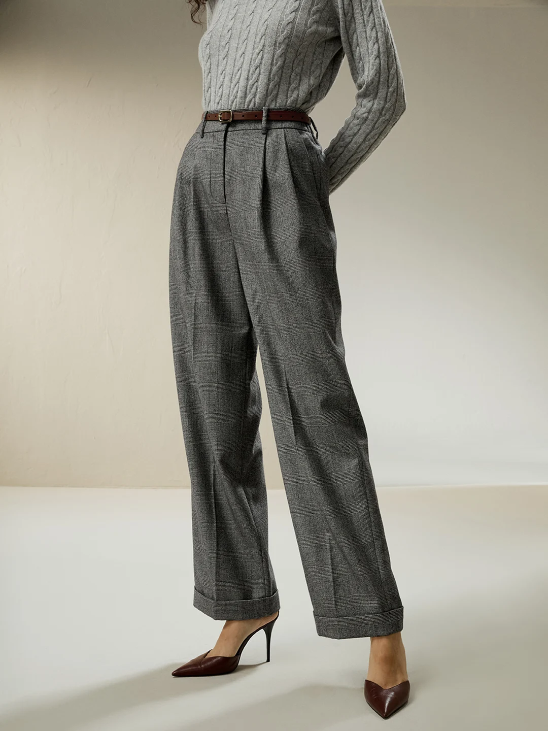 LILYSILK Pantalon Femme Glen Plaid Large Ourlet Et Motif À Carreaux 100% Laine Convient Pour Les Occasions Décontractées Et Professionnelles 44 - 2