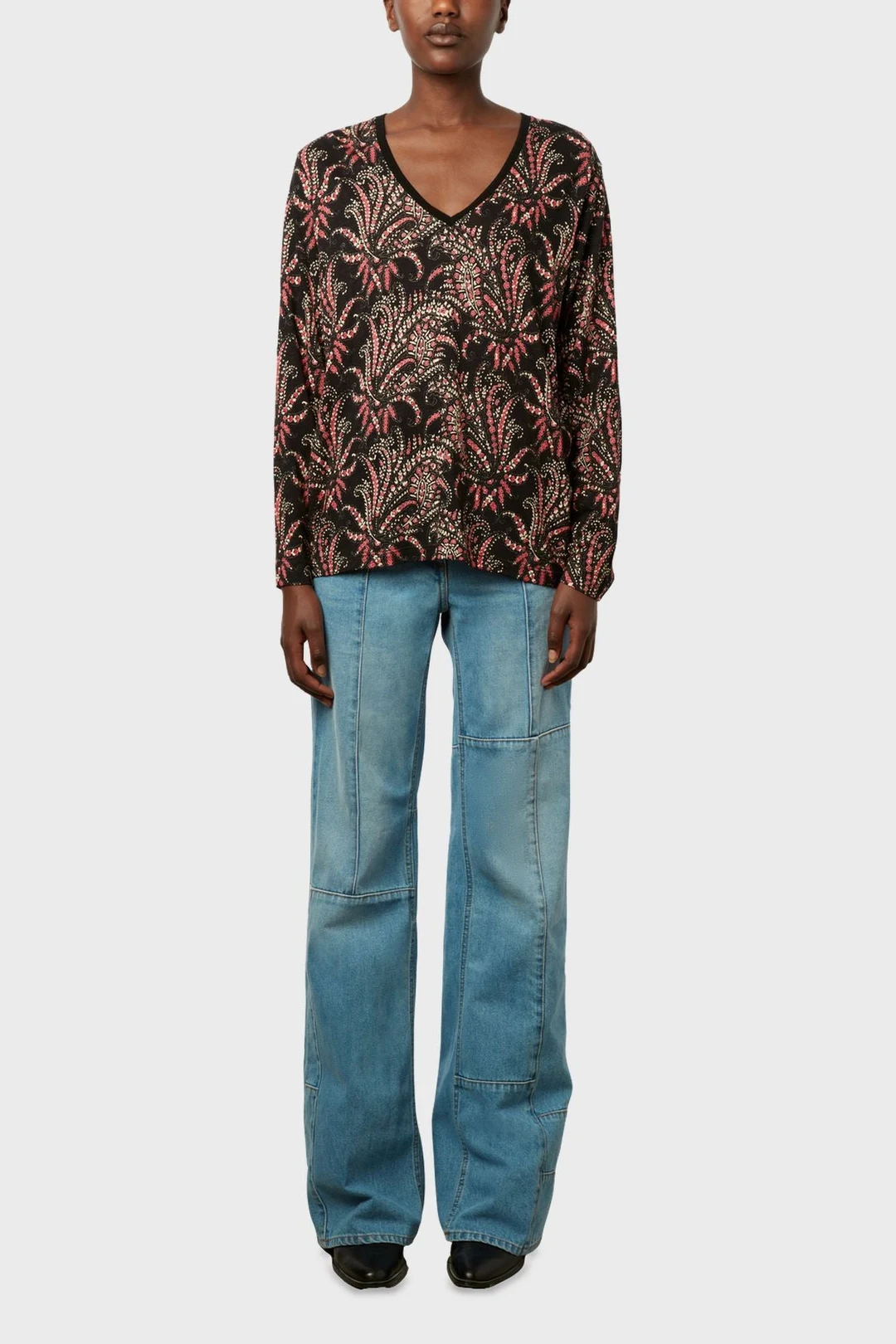 T-shirt imprimé à col V et manches longues - ADELINA - Noir