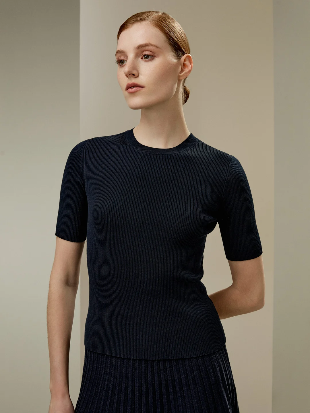 LILYSILK T Shirt En Soie Bleu Marine Maille Côtelée Fine, Coupe Slim 100% Soie Naturelle Léger Et Résistant Aux Rides S