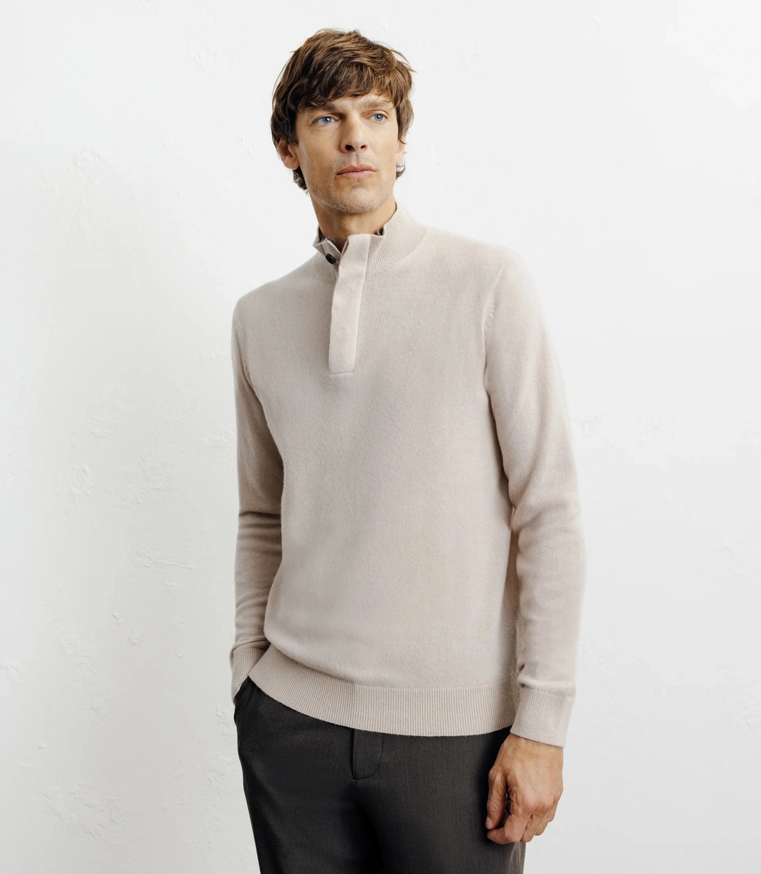 IZAC - Pull col zippé et boutonné 100% cachemire beige H24