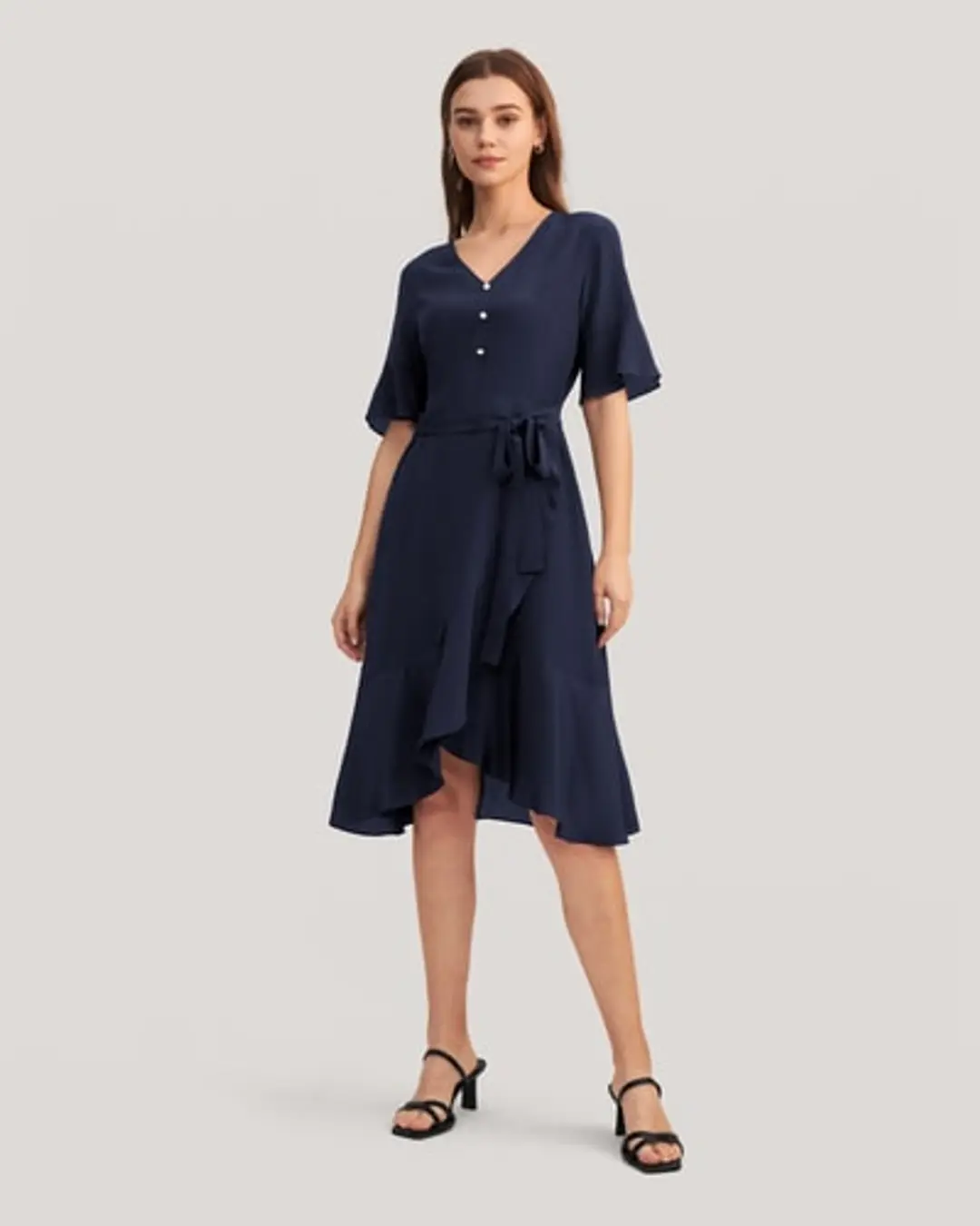 Robe Féminine À Volants Col V 16 Momme Soie
