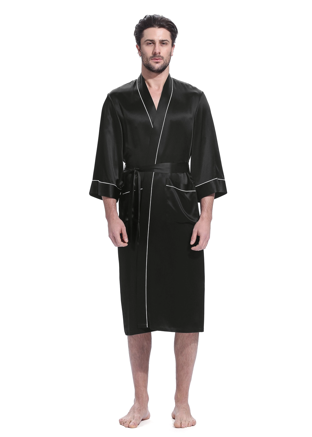LILYSILK Robe De Chambre Soie Homme Noir Col Châle, Manches Longues 100% Soie Conçu Pour La Beauté Une Meilleure Peau Robe De Chambre XXL