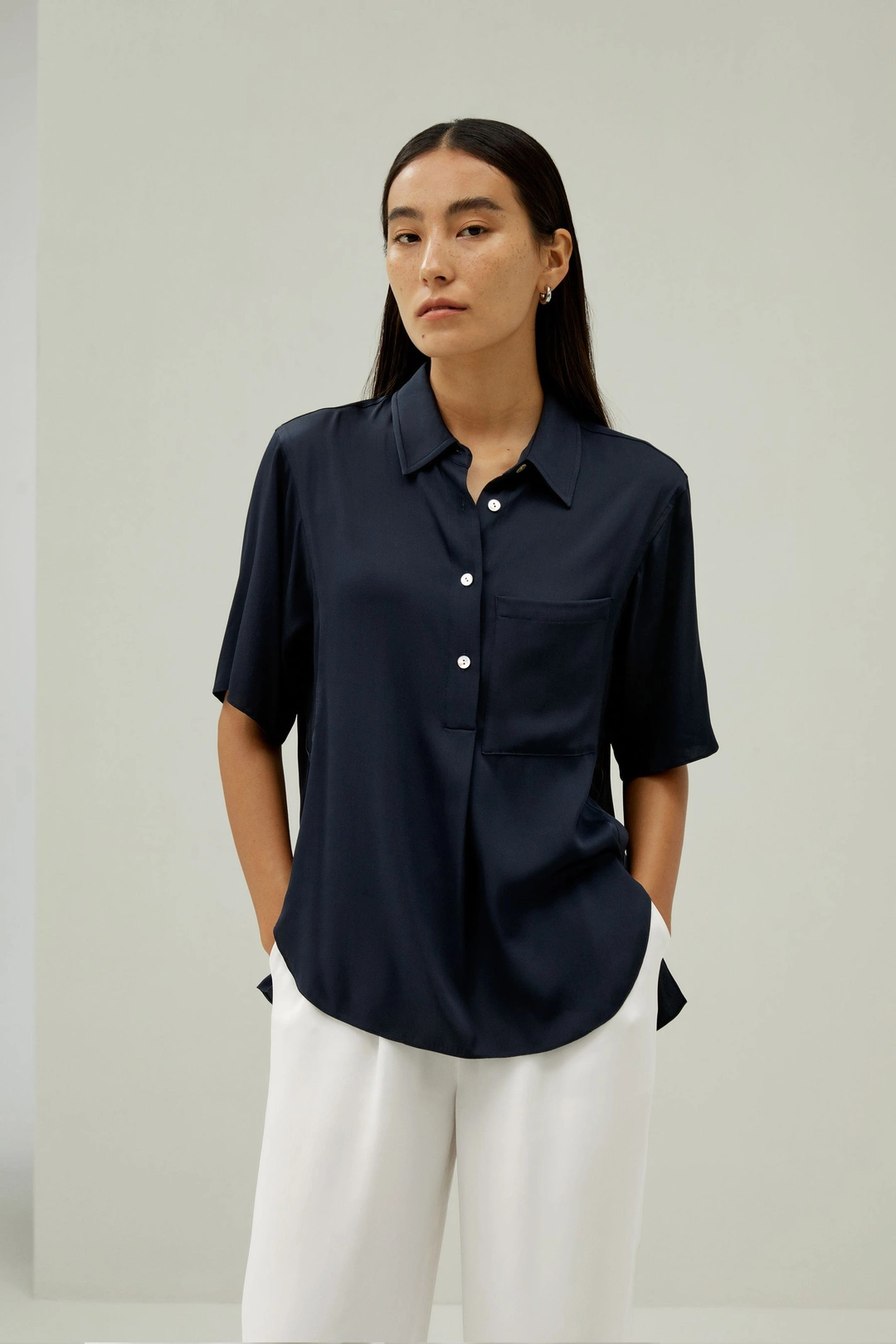 LILYSILK Chemisiers En Soie Poche Latérale Discrète 100 % Soie Double Joe Sophistiqué Et Élégant Style D'Affaires Bleu Minuit L