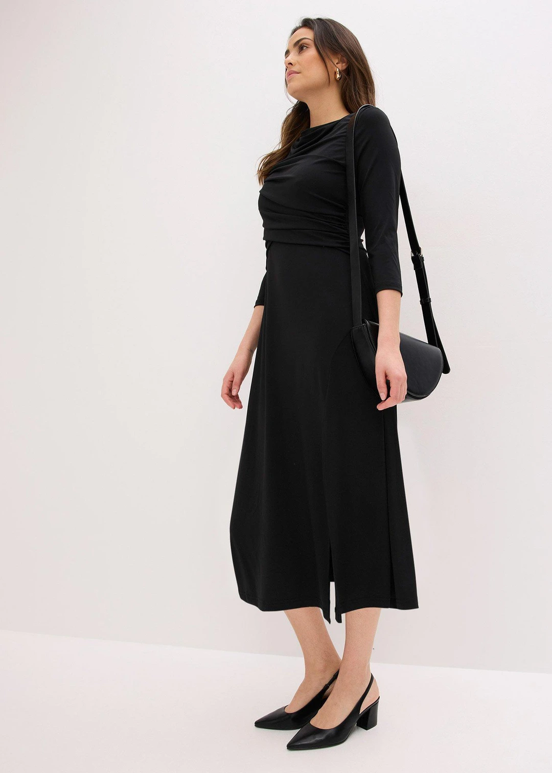 Robe midi drapée à manches 3/4 - 2