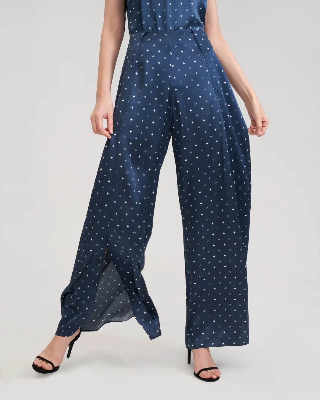 LILYSILK Pantalon En Soie Imprimée Ginkgo FR Diamants blancs en bleu 30-32