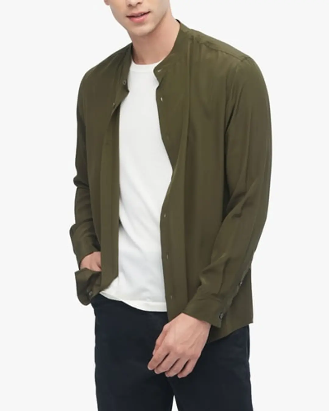 LILYSILK Chemise Soie Homme Bleu Marine Col Montant, Manches Longues 100% Soie Pure Naturellement Antibactérien Chemise M