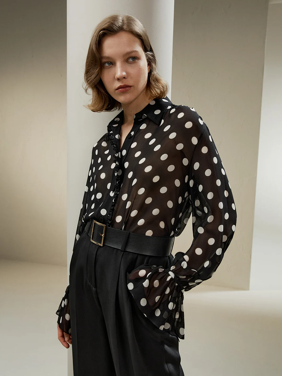 LILYSILK Chemisiers En Soie Femme Point D'Onde Motif À Pois, Manche Trompette Matière Georgette À De Nombreuses Occasions XS