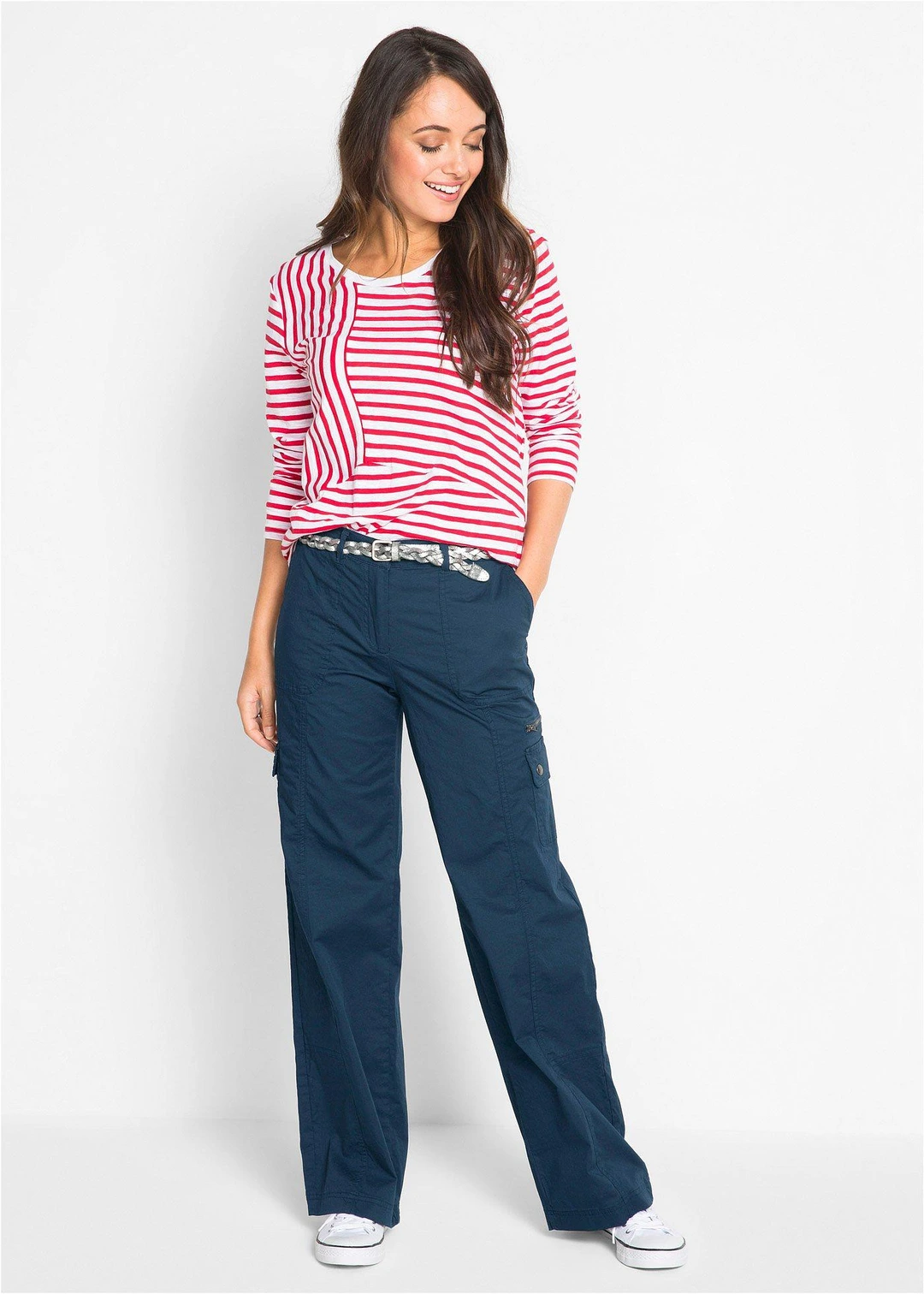 Jean cargo en coton, taille mi-haute