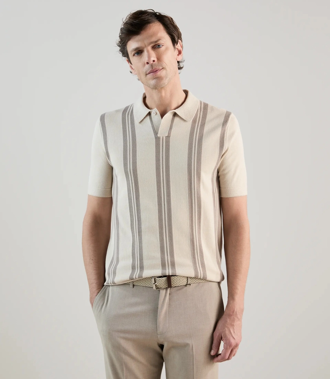 IZAC - Polo en maille à rayures beige