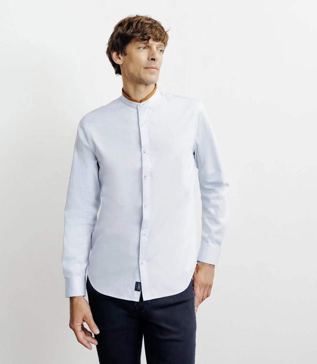 IZAC - Chemise casual col mao avec coudières ciel