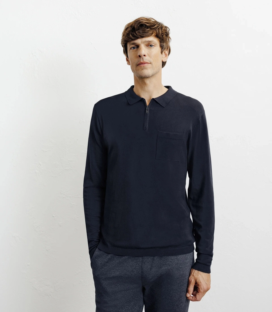 IZAC - Pull col polo zippé en maille fine marine