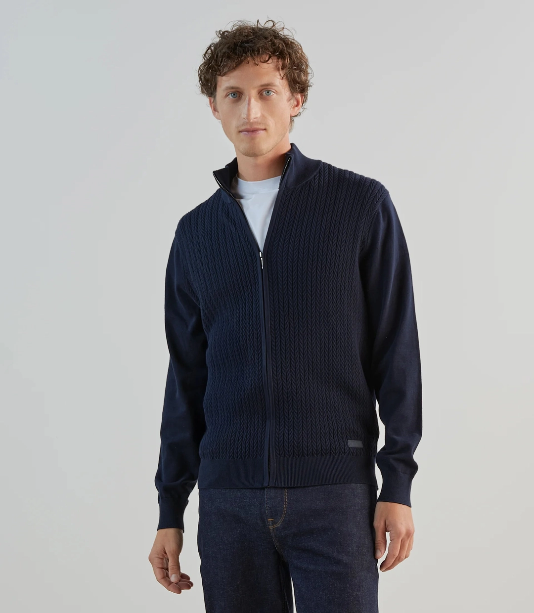 IZAC - Gilet zippé en maille torsadée marine