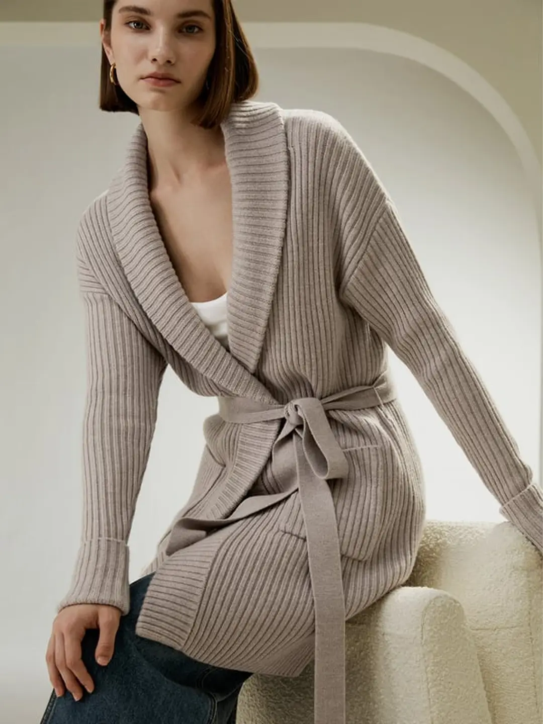 LILYSILK Cardigan Femme Bleu Marine Col Châle, Motif Côtelé 100 % Laine Mérinos Bon Rapport Qualité-Prix, Respectueux De La Peau S