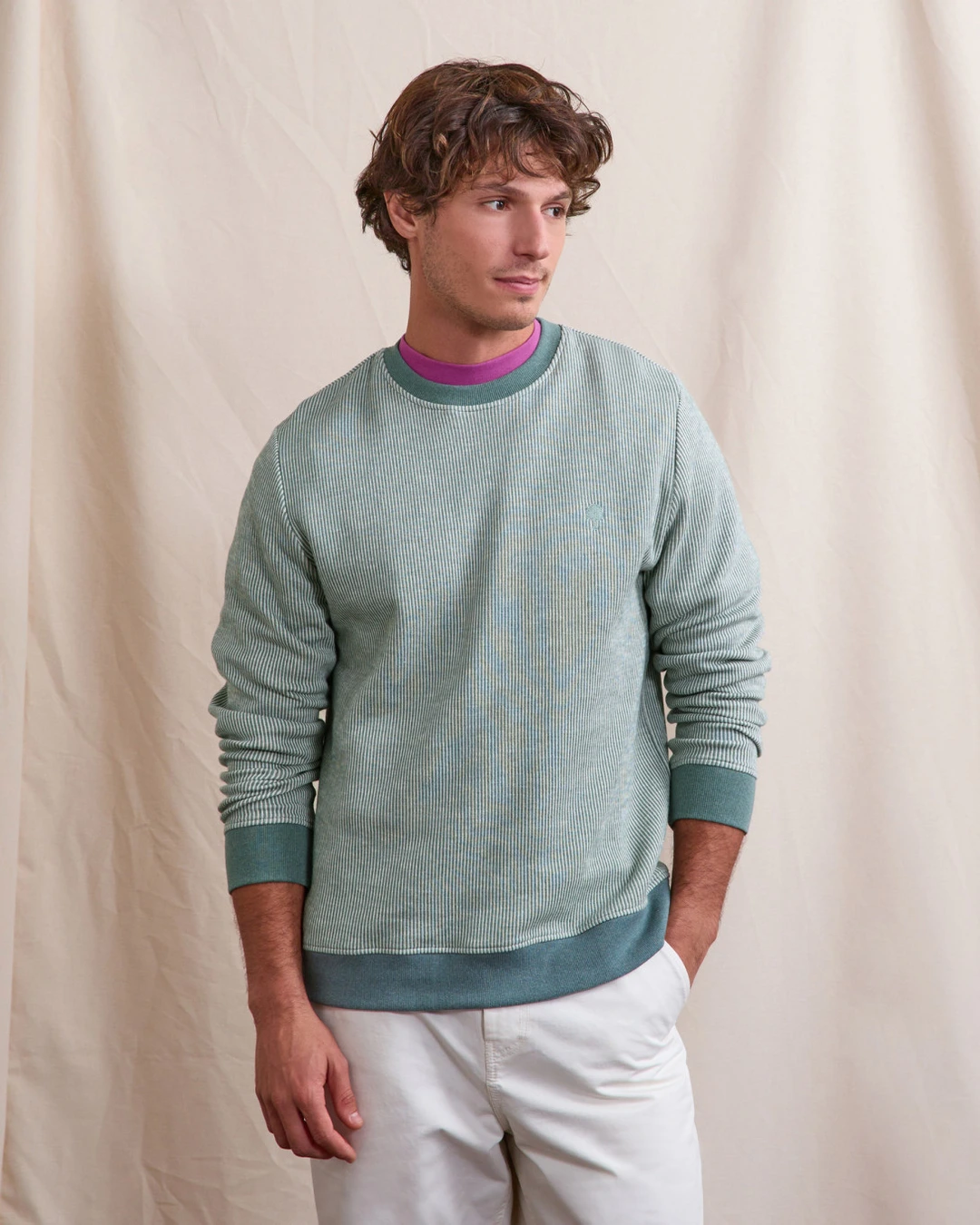 Sweat col rond écru et vert clair - BUSSY