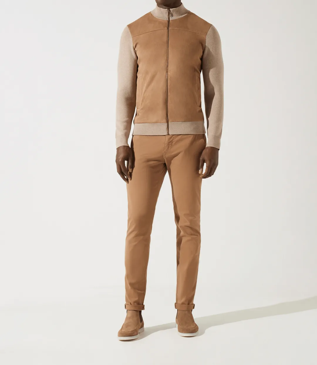 IZAC - Gilet zippé col rond mix matière beige