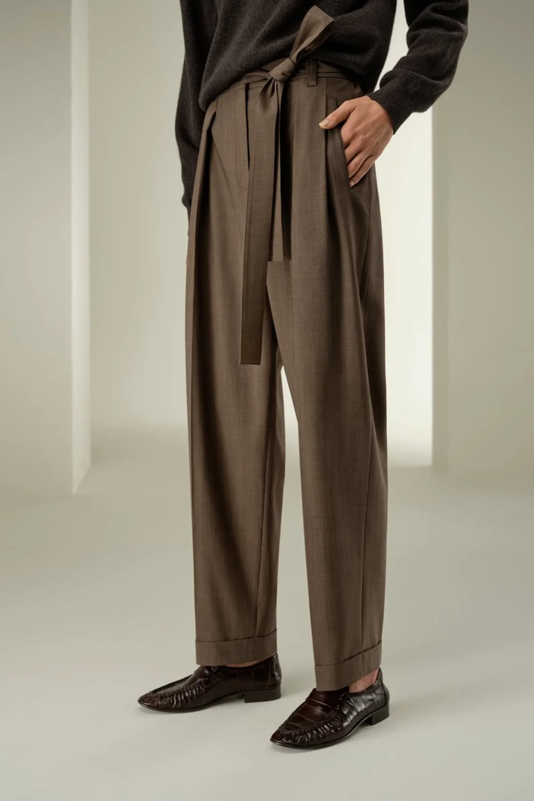 LILYSILK Pantalon Droit Havane 48 Soie & Laine Plis Devant Ceinture Fluide Respirant Chic