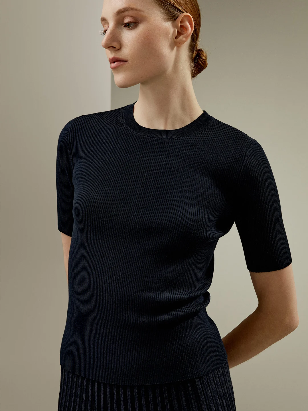 LILYSILK T Shirt En Soie Bleu Marine Maille Côtelée Fine, Coupe Slim 100% Soie Naturelle Léger Et Résistant Aux Rides S