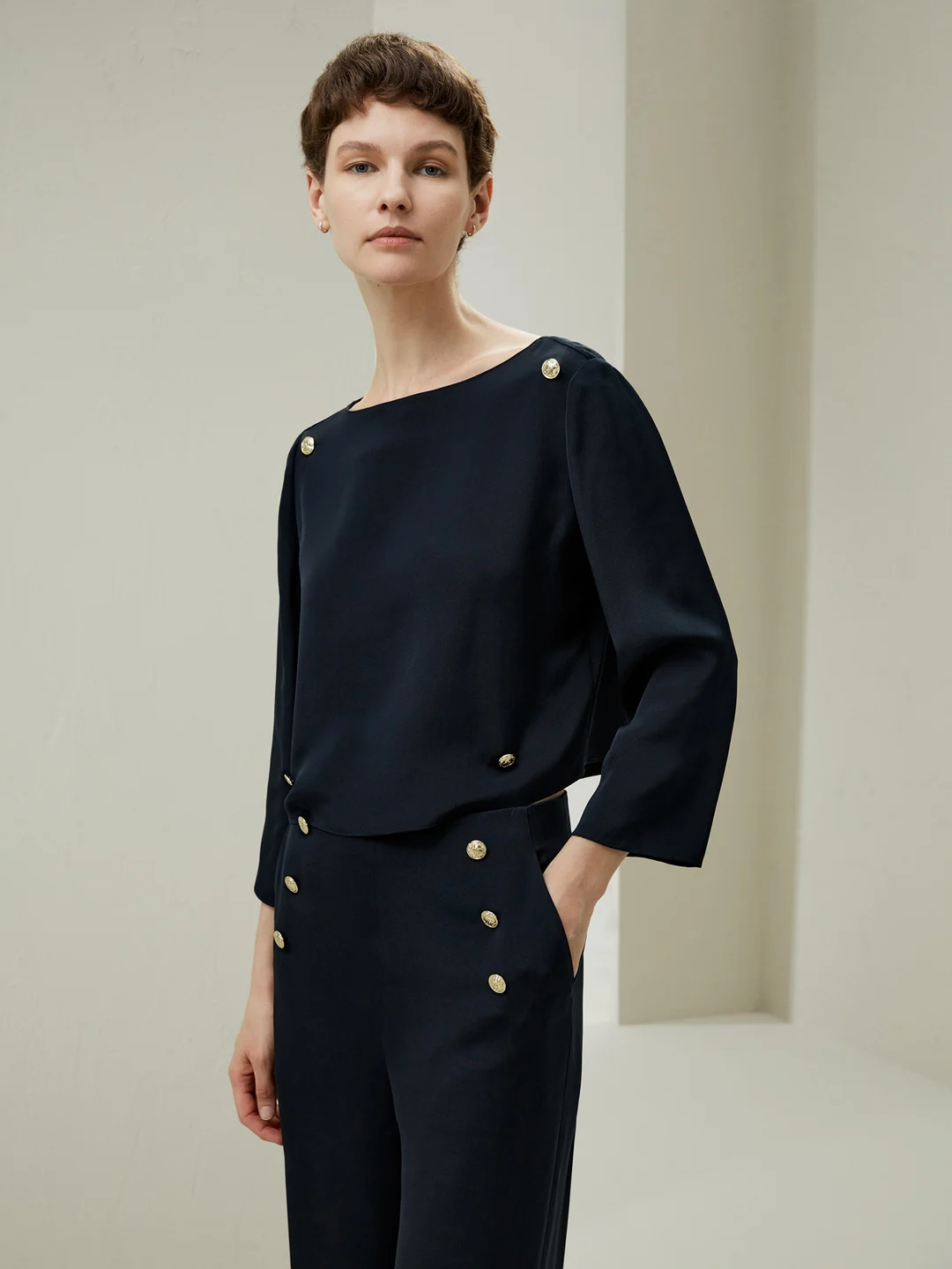 LILYSILK Top Soie Femme Bleu Manches Trois Quarts Et Col Bateau 100% Soie Naturelle Sans Produits Chimiques Nocifs 48