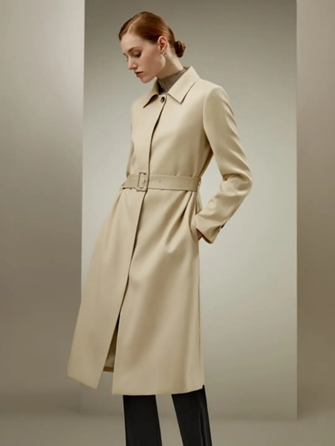 LILYSILK Trench Classique Imperméable Femme Kaki XL - Laine & Soie, Coupe Droite, Boutons Corne
