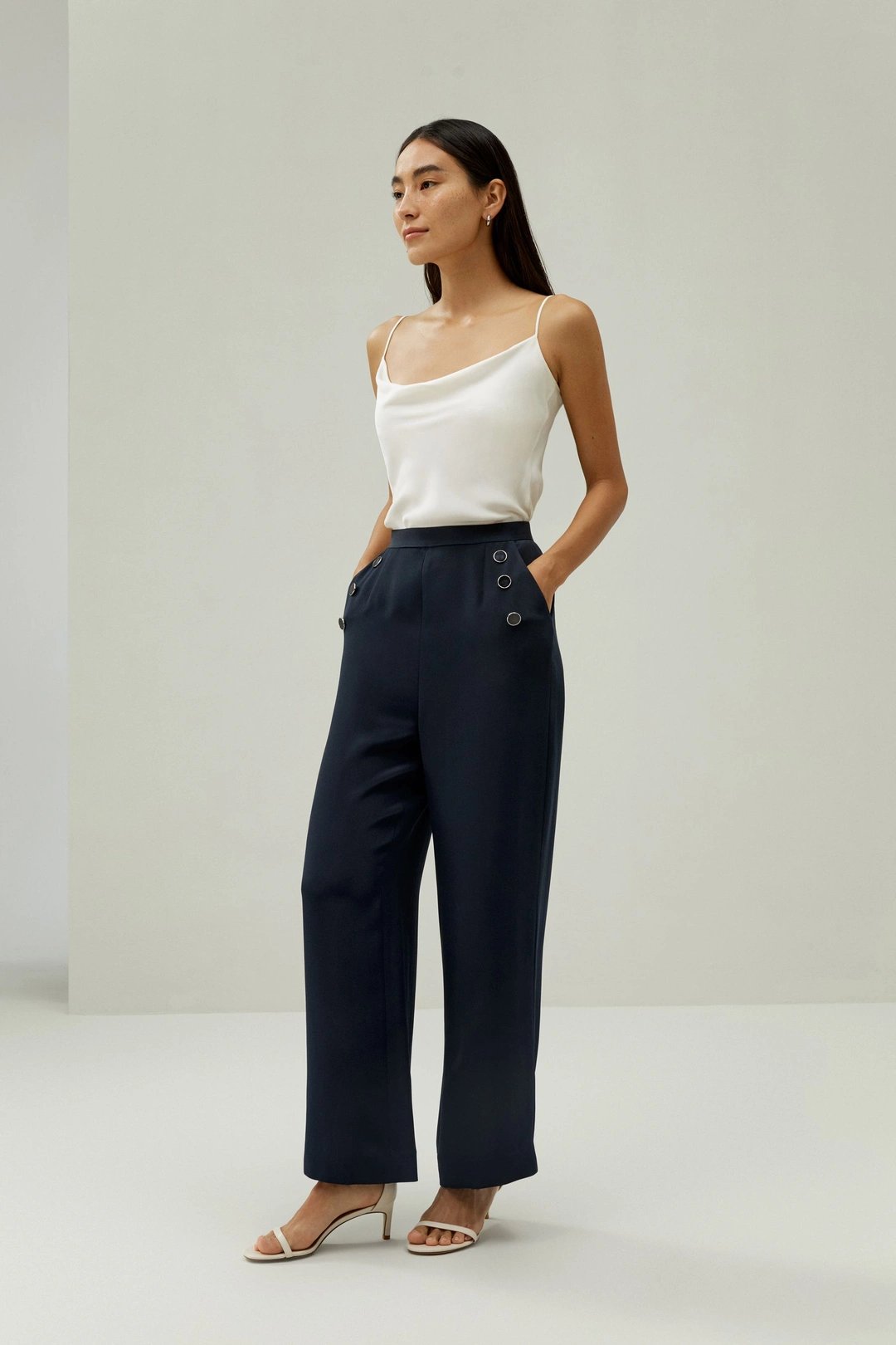 LILYSILK Pantalon En Soie Boutons En Métal Doré Gravés Sur Mesure 100% Soie Mettant En Valeur La Féminité Une Élégance Intemporelle Bleu Minuit 34