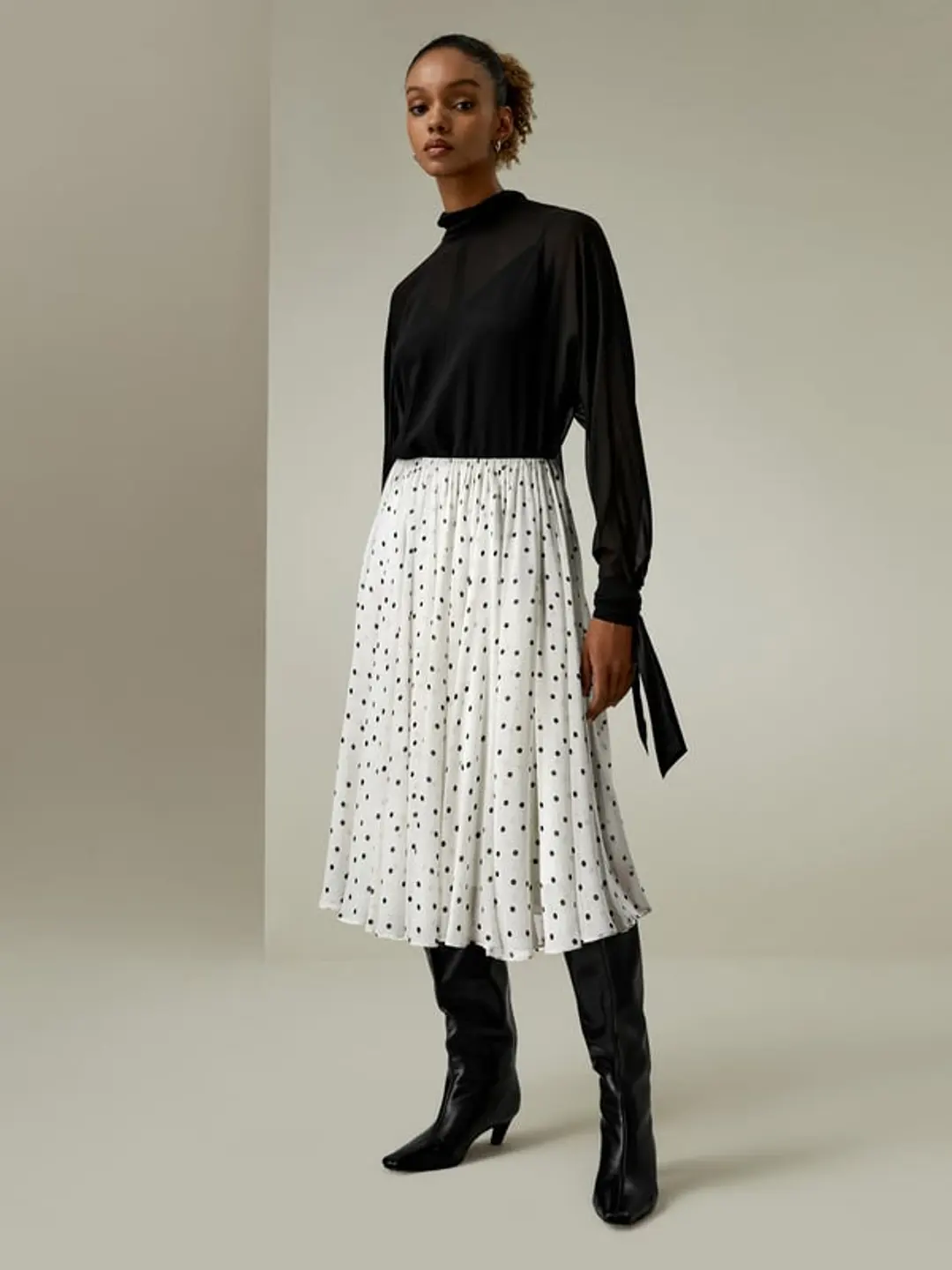 LILYSILK Jupe Midi Plissée Soie à Pois Noire Élégante Femme Taille 40