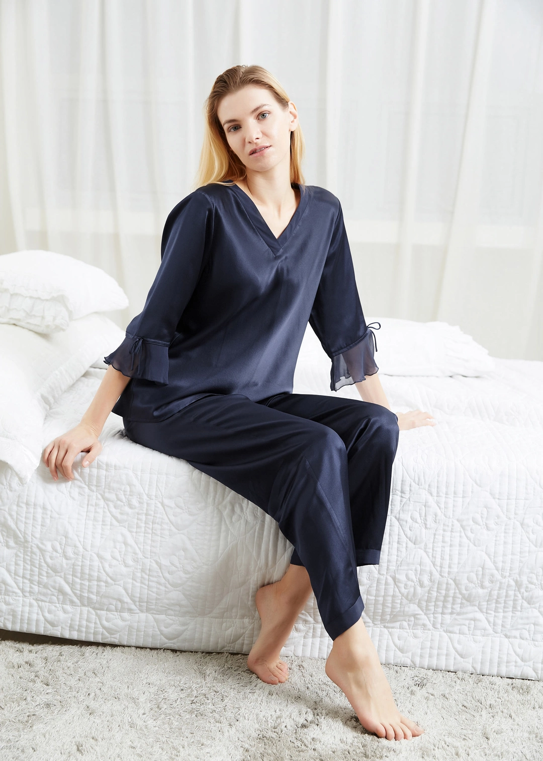 LILYSILK Pyjama original amazone pyjama soie murier dentelles Bleu Marine 34-36